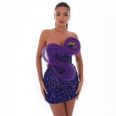 backless one shoulder design strapless mesh sequin tight purple mini dress
